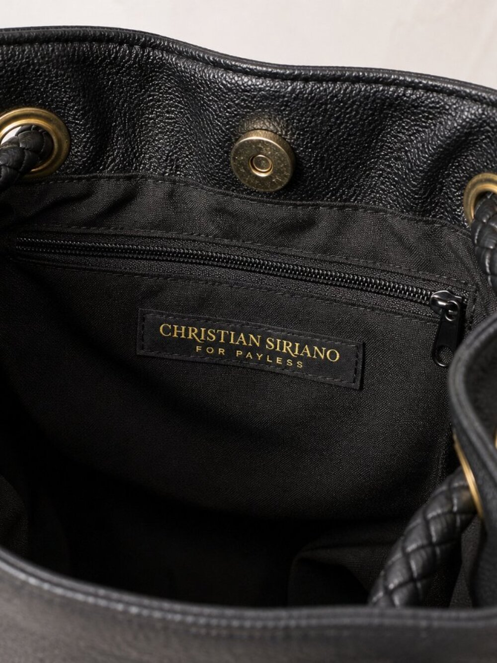 Christian Siriano Black Leather Drawstring Tote Bag Braided Handle - Picture 3 of 5